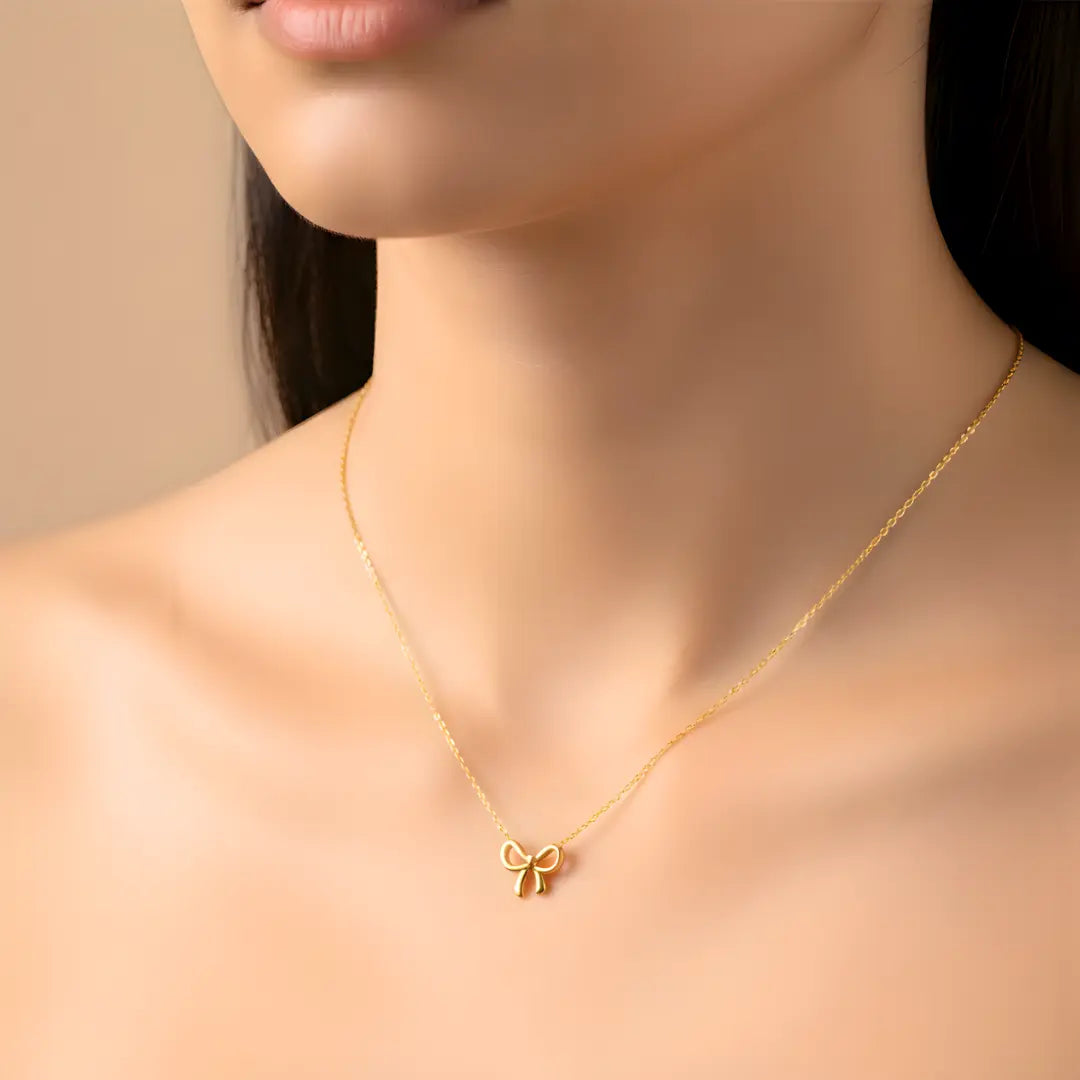 18K Gold Filled Delicate Bow Knot Pendant Necklace – Minimalist Ribbon Bow Charm Necklace